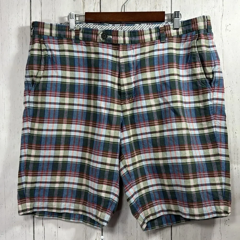 Brooks Brothers Mens Linen Blend Chino Flat Front Plaid Casual Pockets